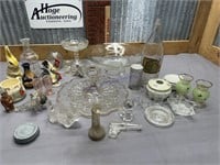 2 BOXES--GLASS PLATTERS, BOTTLE, CUPS, CANDY
