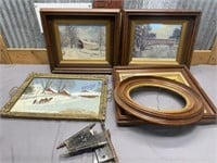 ASSORTED WOOD FRAMES, FRAMED PICTURES, TRAY