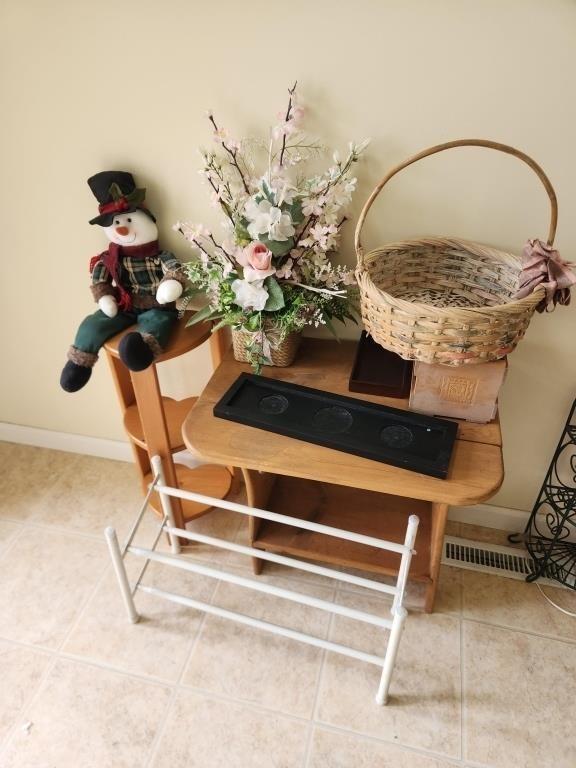 Small Wood Table & Shelf w/ Contents