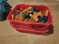 Bin of Wood Stacking Toys / Blocks