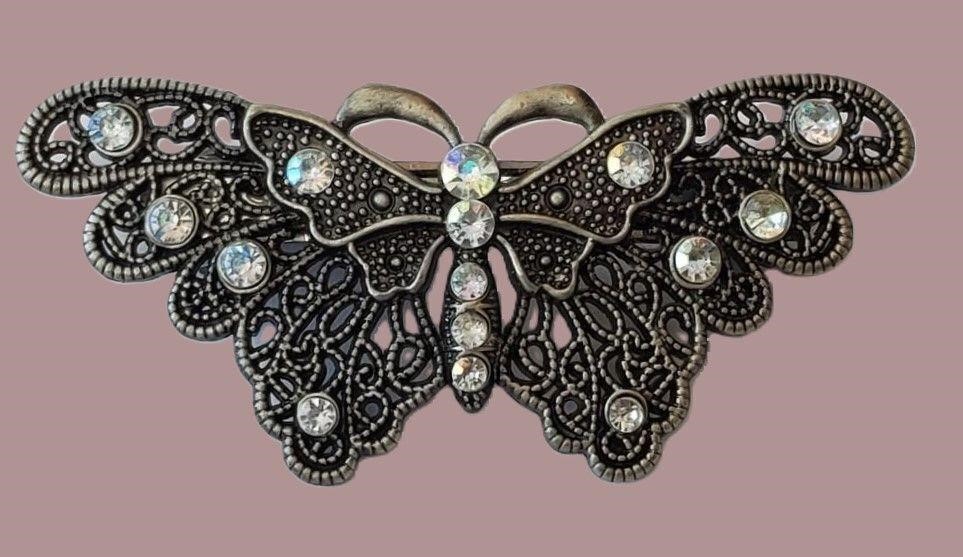 BEAUTIFUL VTG SILVER CRYSTAL BUTTERFLY HAIR CLIP