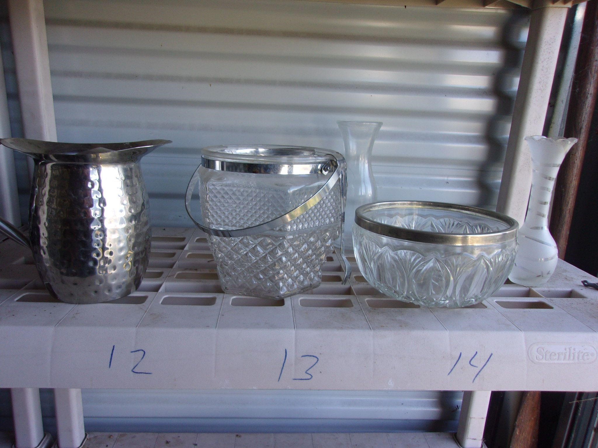 ice bucket tongs and etched vase etc