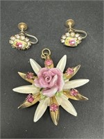 Vintage Rose Pendant and Earrings