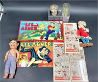 Lil' Abner Lot - 1944 Game, Figures, Glass, Mug +