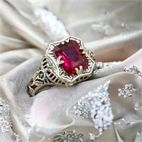Antique Style Ruby Colored Solitaire Filigree Ring
