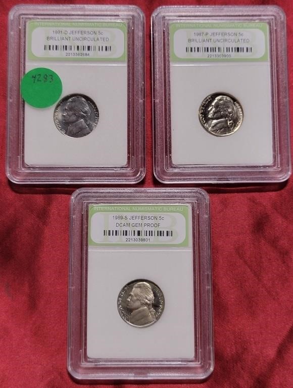 1981-D, 1987-P, & 1989-S GRADED JEFFERSON NICKELS