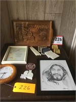 GLASS COVERED TRAY, PICTURES, CLOCK
