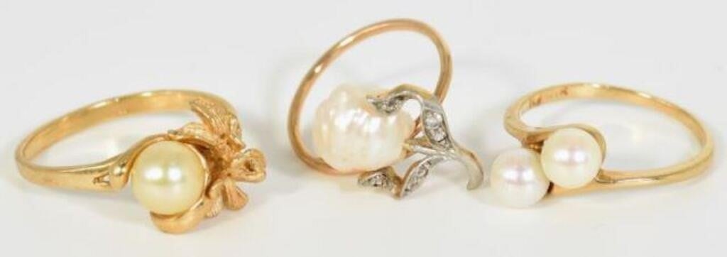 Lot: Three 14K Gold Pearl Rings, one w/ Diamonds.