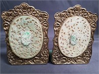 Antique Chinese bronze bookends with jadeite
