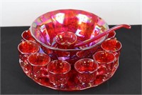 Red Carnival Glass Punch Bowl Set w/ Charger, Punc