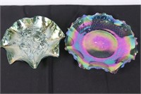 Two Ruffled Edge Carnival Glass Plates (one chippe