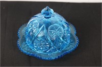 Blue Glass Saw Tooth Edge Covered Butter Dish