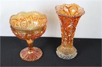 Marigold Carnival Glass Compote & Vase
