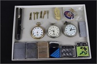 Assorted Lighters, Pocket Watches & Miniature Tool