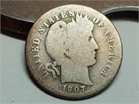 1907 silver Barber dime