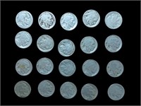 20 assorted vintage Buffalo Nickel coins. In bag,