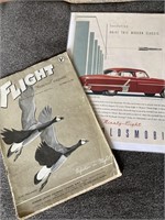 E2) Vintage flight magazine and 2 car ads