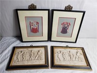 Group of framed Asian paper cut art and stone