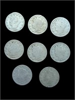 Eight antique Liberty V Nickel coins. in bag, in