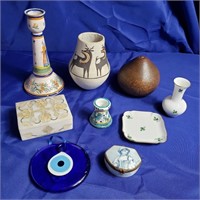 Group of pottery & glass items, including signed