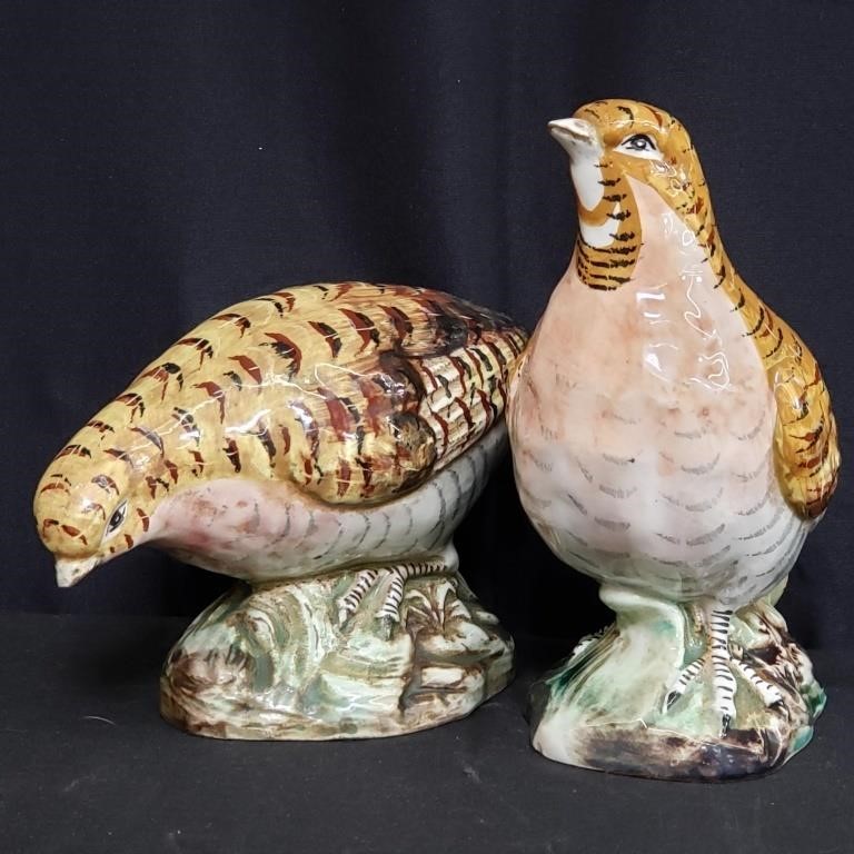 Pair of hand painted ceramic quails made in Italy