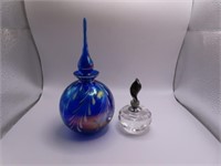 (2) Art Glass Type Perfume Bottles 6"blue & 3.5"cl