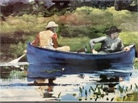 Framed watercolor print of guys in boat