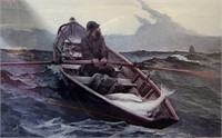 Framed print of man in rowboat with fish