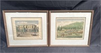 Pair of hand colored lithographs under glass in