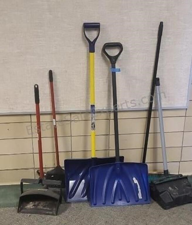 Brooms, dustpans and snow shovels.