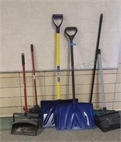 Brooms, dustpans and snow shovels.