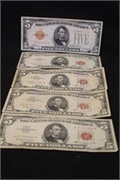 Lot of 5 $5 Red Seal Bank Notes
