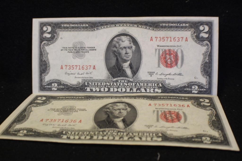 Lot of 2 $2 Red Seal Bank Notes Consecutive