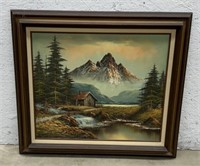 (Q) Mountain Side Scenery Framed Acrylic Painting