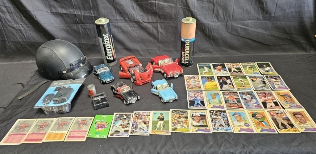 Group of vintage baseball cards, sports cars,