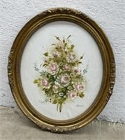 (P) Framed Oval Painting Of Bouquet By Lorbeau