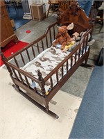 Antique Wooden Rocking Crib w/Stuffed Animals