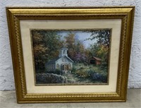 (P) Framed Country Side Church & Covered Bridge