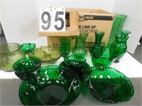 Box of Green Glass Ware Includes Bowls ~ Vases
