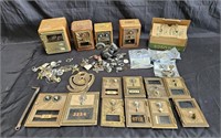 Large group of antique wooden and brass banks,