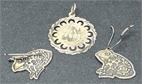 (E) Sterling Silver Frog Earrings and Pendant.