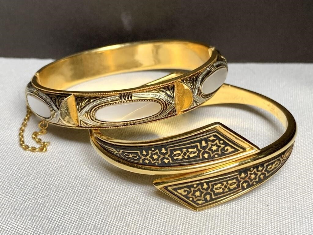 Vintage Damascene Bracelets, Hinged Bangle w MOP