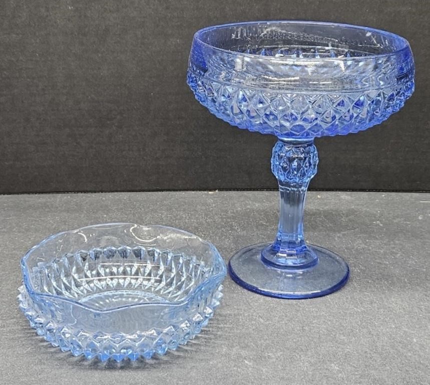(X) Indiana Glass Blue Diamond Point Compote And