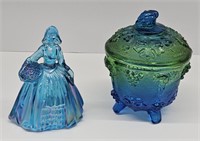 (X) Blue Carnival Glass Victorian Lady And Blue &