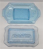 (X) Blue Depression Glass Trays The Last Supper