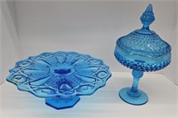 (X) Blue Depression Glass Footed Cake Plate, And