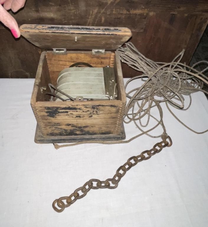 Antique Electrical? Part in Wooden Box with Crank