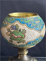 Antique Asian-dragon-motif ceramic brass-footed