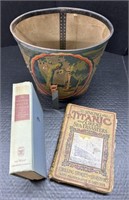 (F) Vintage Waste Can, Books and a Toy Saw.