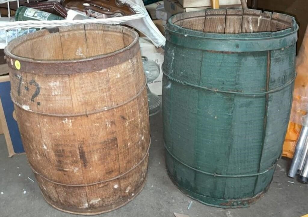 (2) Vintage Wood Slat Barrels, Natural & Painted